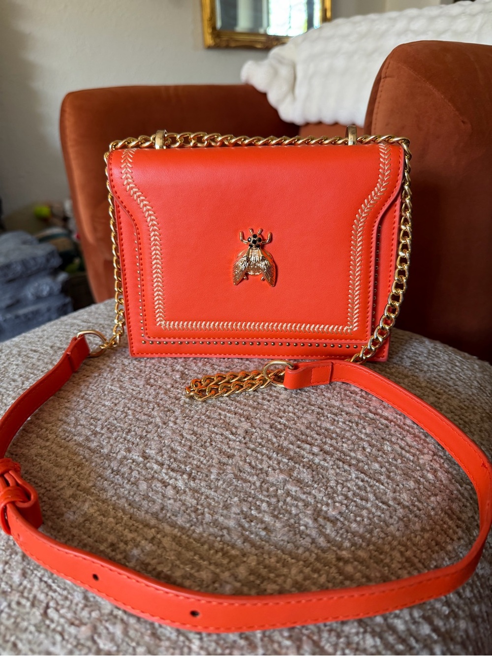 Orange Chain-Accent Crossbody Bag